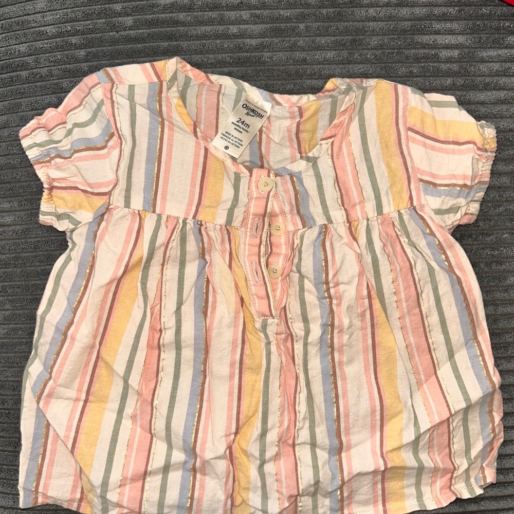 OshKosh B'gosh Pink and Blue Short Sleeve Tee with Ruffled Neckline